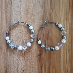 White/ Grey/ Clear Beaded Hoop Earrings
